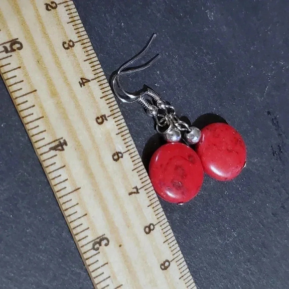 Handcrafted Silver and Red Magnesite Gemstone Puffed Coin Dangle Earrings - Picture 7 of 7
